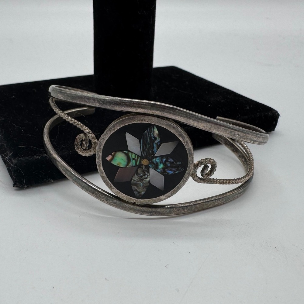Vintage Alpaca Mexico Abalone Inlay Floral Cuff Bracelet Triple Band Silver Tone